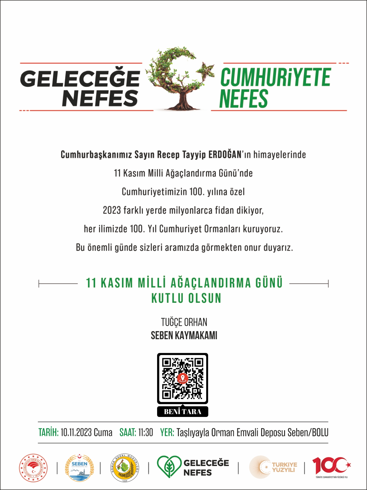 11 Kasım 2023 Milli Ağaçlandırma Günü Fidan Dikim Etkinliğine Davet